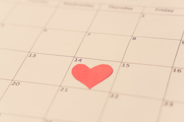 Close up calendar day and red heart in Saint Valentines day 14th of february 2019 celebrating Love