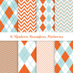Obraz premium Aqua Blue, Coral Orange, Turquoise and White Argyle and Chevron Seamless Vector Patterns. Modern Easter Backgrounds. Repeating Pattern Tile Swatches Included.