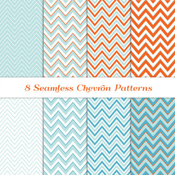 Aqua Blue, Coral Orange, Turquoise and White Chevron Seamless Patterns. Various Width Zigzag Stripes. Repeating Pattern Tile Swatches Included.
