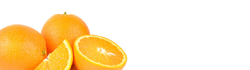 Orange isolated on white background. Free space for text. Wide photo.