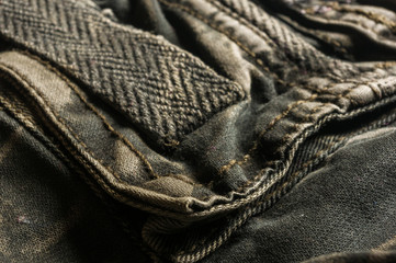 clothing items washed cotton fabric texture with seams, clasps, buttons and rivets