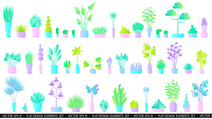 Flat plants set. Indoor plants. Flower pots. Leaves. Foliage. Trendy vector collection. Plants collection isolated on white. Flat design. Gradient colors. Outdoor. Tropical.