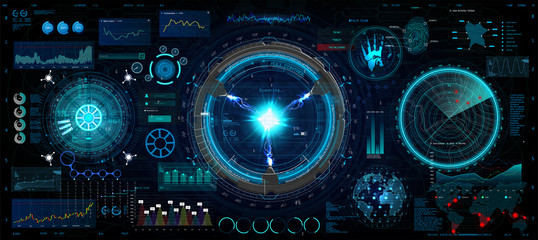 Innovation system, HUD UI elements collection. Futuristic User Interface (data, charts, gadgets, app elements, dashboard, earth map, hologram, radars) HUD elements set. Vector collection