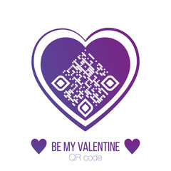 Vector illustration of BE MY VALENTINE QR code in purple heart on white background. Can be used as valentine sticker, greeting card, love message, t-shirt graphic, love label.