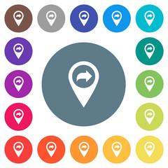 Forward GPS map location flat white icons on round color backgrounds