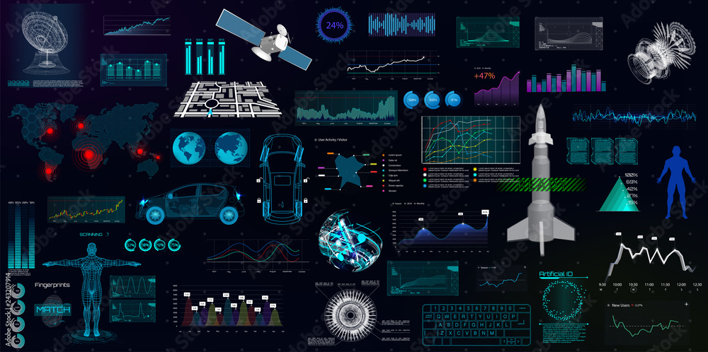 Poster Hightech elements set, HUD UI style. Futuristic user interface big collection( 3d elements, spaceship, radar, forex, medical, navigation, maps, gui, space) Big HUD collection