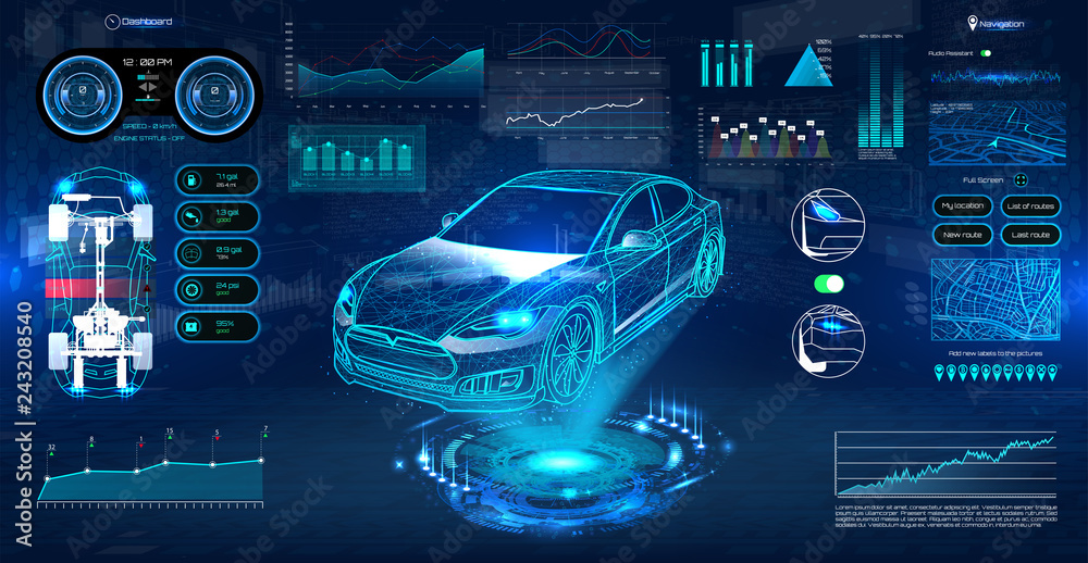 Poster Innovation system diagnostic Auto in HUD UI style. Futuristic car service, scanning and auto data analysis. Car Auto Service, Modern Design, Diagnostic Auto. Virtual Graphical Interface HUD. Vector
