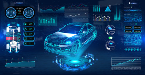 Innovation system diagnostic Auto in HUD UI style. Futuristic car service, scanning and auto data analysis. Car Auto Service, Modern Design, Diagnostic Auto. Virtual Graphical Interface HUD. Vector © SergeyBitos