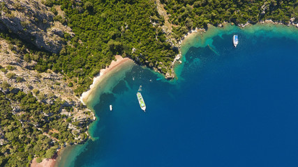 Beautiful aerial view of Marmaris,Aegean and Mediterranean Peninsula coastline and Daily Boat Excursion at sunshine. Marmaris Mugla Turkey