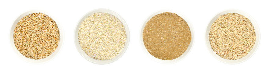 Sesame in bowls, over white. Fruits of Sesamum, also benne. Raw, peeled and unpeeled, natural and...