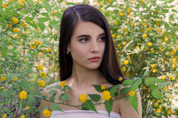 Obraz na płótnie Canvas beautiful young girl with dark long hair surrounded by yellow flowers