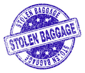 STOLEN BAGGAGE stamp seal imprint with grunge style. Designed with rounded rectangles and circles. Blue vector rubber print of STOLEN BAGGAGE caption with grunge texture.