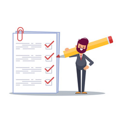 Positive business man with a giant pencil on his shoulder nearby marked checklist on a clipboard paper. Successful completion of business tasks.