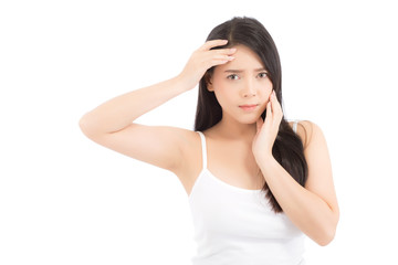 Fototapeta premium Portrait of beautiful woman asian is a acne, zit treatment, girl problem beautiful face, beauty perfect with wellness isolated on white background with skin healthcare concept.