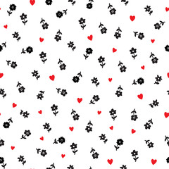 Seamless repeat pattern with tossed ditsy small flowers and hearts