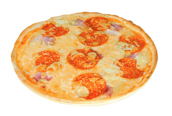Appetizing pizza with sausage pepperoni, bacon and cheese mozzarella.