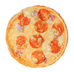 Appetizing pizza with sausage pepperoni, bacon and cheese mozzarella.