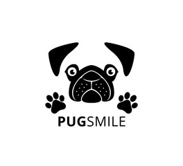 happy smile pug dog face with paw vector graphic design