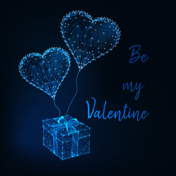 Valentine Day card with glowing low poly gift box, heart shape balloons and text Be my Valentine