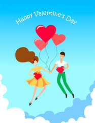 Happy valentines day greetings card . Lovers of characters fly among the clouds in balloons in the form of hearts. Vector illustration in cartoon style.