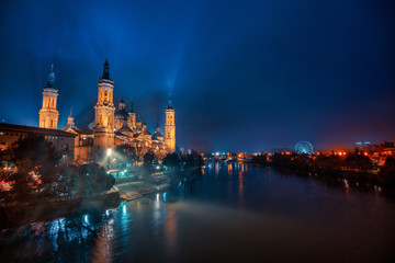 River Ebro as it passes through the city of Zaragoza in Spain and the Cathedral of El Pilar