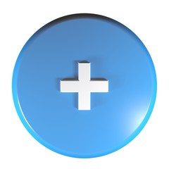Blue circle push button with the sign + for the sum operation - 3D rendering illustration