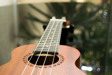 Fototapeta premium ukulele onver a black and reflecting grand piano