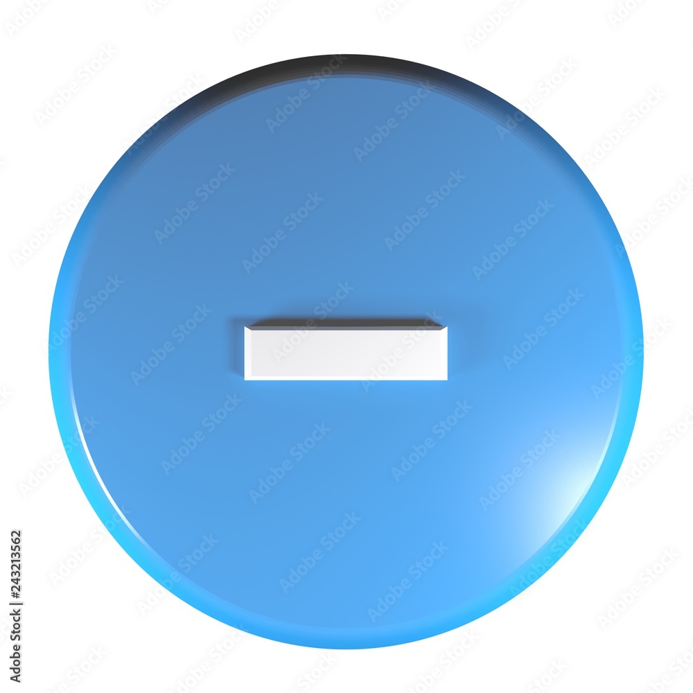 Poster blue circle push button with the sign - for the subtraction operation - 3d rendering illustration