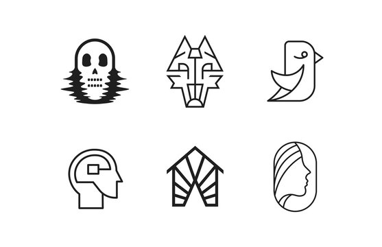 Set of logos. Skull, wolf, bird, head, house, woman. White background. Vector illustration