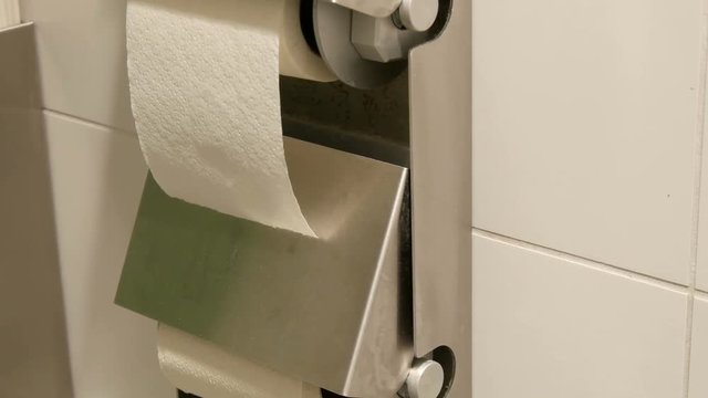 Two rolls of white toilet paper in the cubicle of a public toilet.