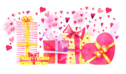 Group of gift boxes with hearts. Hand drawn watercolor cartoon sketch illustration. Red and yellow boxes square and heart shape