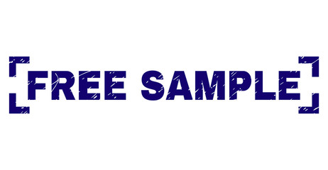 FREE SAMPLE text seal print with corroded texture. Text label is placed between corners. Blue vector rubber print of FREE SAMPLE with unclean texture.