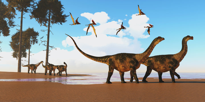 Antarctosaurus Dinosaur Seashore - A flock of Thalassodromeus reptiles fly over a herd of Antarctosaurus dinosaurs on their way to search for fish prey.