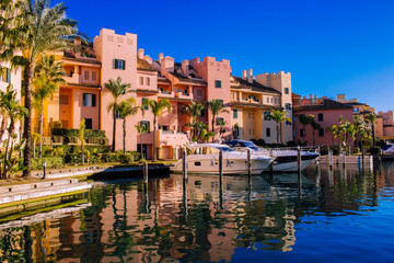 Port of Sotogrande. Port, sea, yachts and colorful houses. Sotogrande, Costa del Sol, Andalusia,...