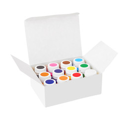 Color gouache jars and color acrylic paints in box