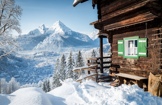 Winter scenery in the Alps with mountain hut
