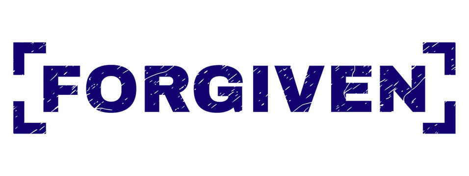 FORGIVEN label seal print with corroded texture. Text caption is placed inside corners. Blue vector rubber print of FORGIVEN with corroded texture.