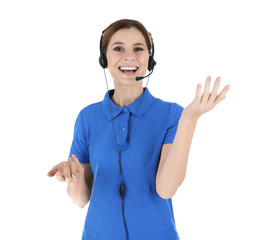 Female technical support operator with headset isolated on white