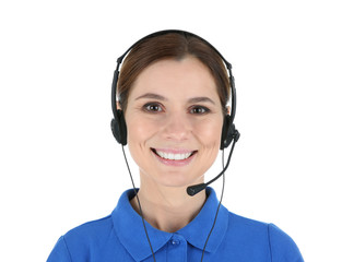 Female technical support operator with headset isolated on white