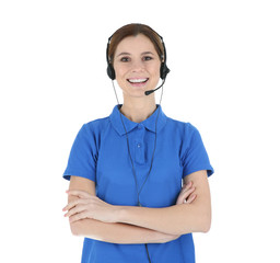 Female technical support operator with headset isolated on white