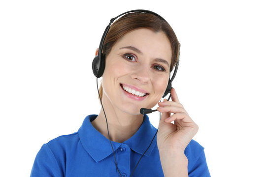 Female technical support operator with headset isolated on white