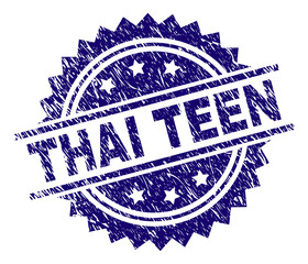 THAI TEEN stamp seal watermark with distress style. Blue vector rubber print of THAI TEEN label with dust texture.