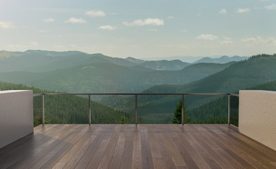 Balcony view of  mountains. Landscape. Sunny Day. Terrace with a beautiful view.