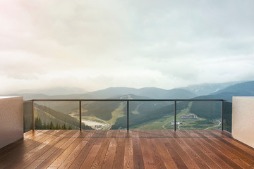 Balcony view of  mountains. Landscape. Sunny Day. Terrace with a beautiful view. - Powered by Adobe