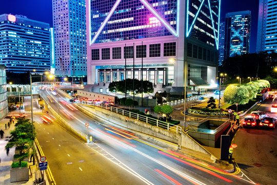 Street traffic in Hong Kong at night 