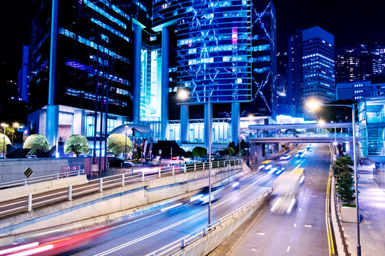 Street traffic in Hong Kong at night 