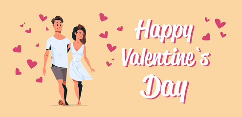 couple in love happy valentines day concept young man woman embracing walking together over heart shapes cartoon characters full length horizontal greeting card