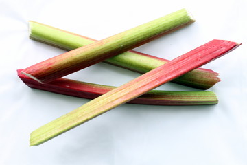 Rhubarb stalks on white background