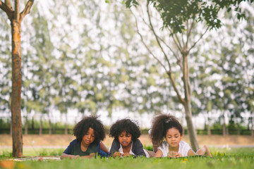 Happy three little friends laying on the grass in the park. american african children playing toy in park