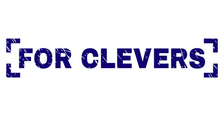 FOR CLEVERS caption seal print with distress texture. Text caption is placed between corners. Blue vector rubber print of FOR CLEVERS with corroded texture.